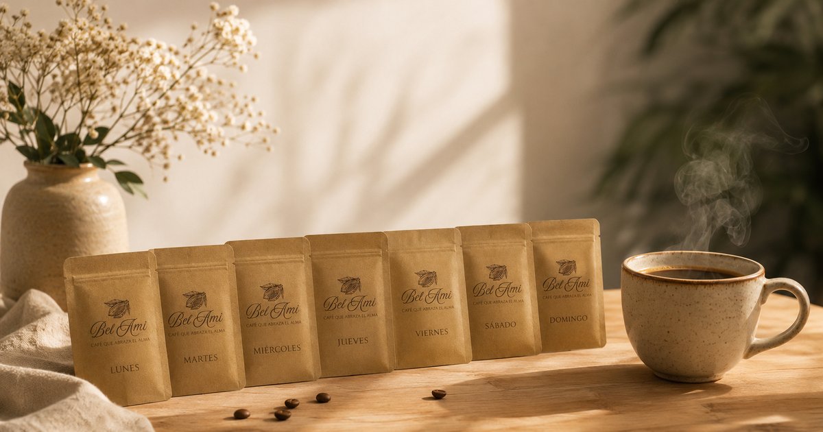Set Abraza tu Semana de Bel Ami: siete empaques kraft de café marcados de lunes a domingo junto a una taza de café humeante