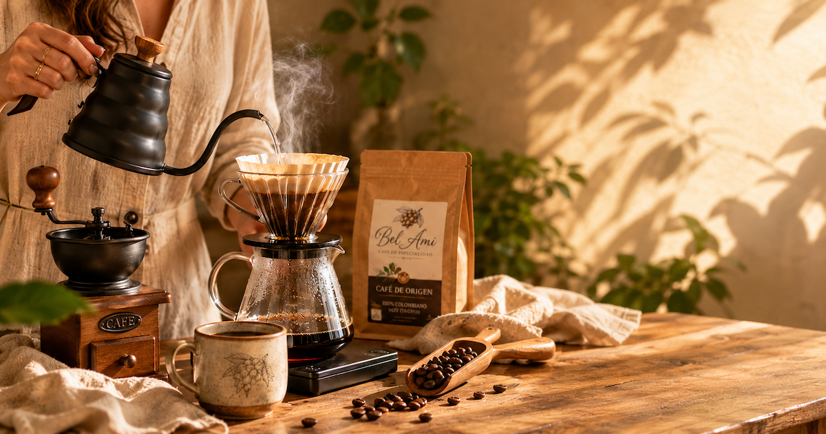Preparación de café de especialidad en método de goteo, con tetera de cuello de cisne y bolsa de café Bel Ami