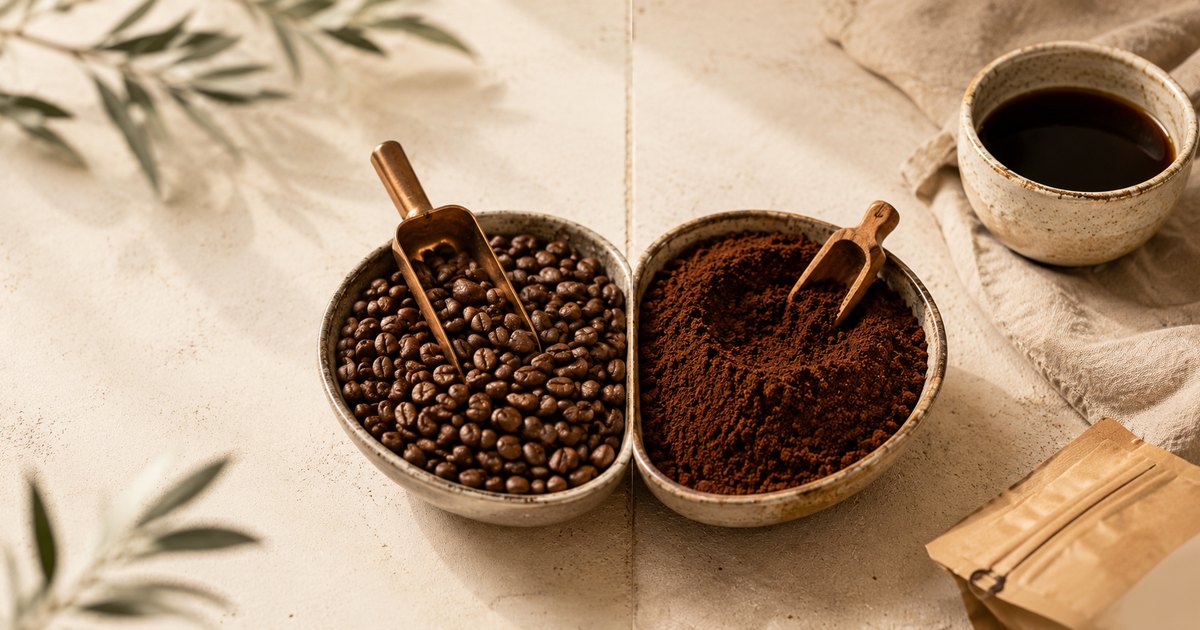 Café en grano y café molido lado a lado, con cuchara de cobre y una taza de café