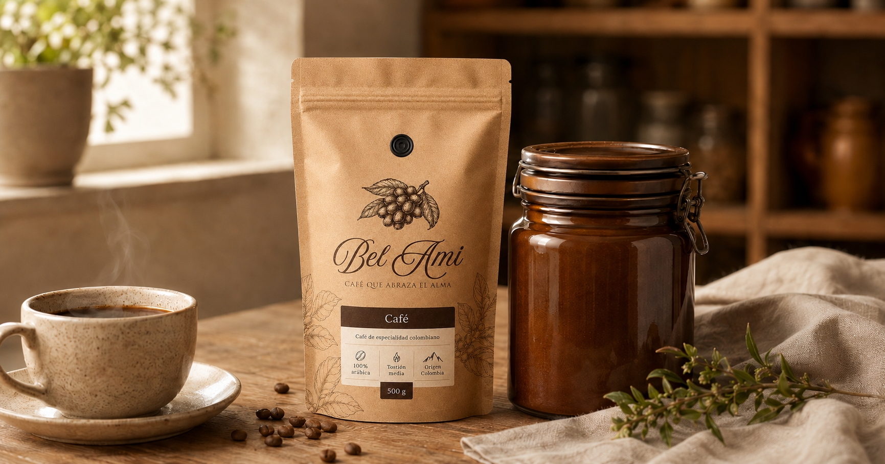 Bolsa kraft de café Bel Ami junto a un frasco hermético de vidrio y una taza de café humeante, sobre una mesa de madera