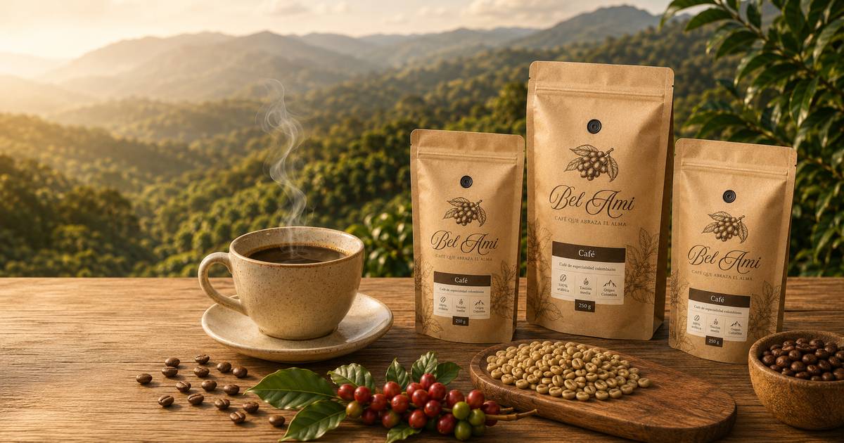 Empaques kraft de café Bel Ami junto a una taza de café humeante, granos y cerezas de café, con las montañas cafeteras al amanecer de fondo