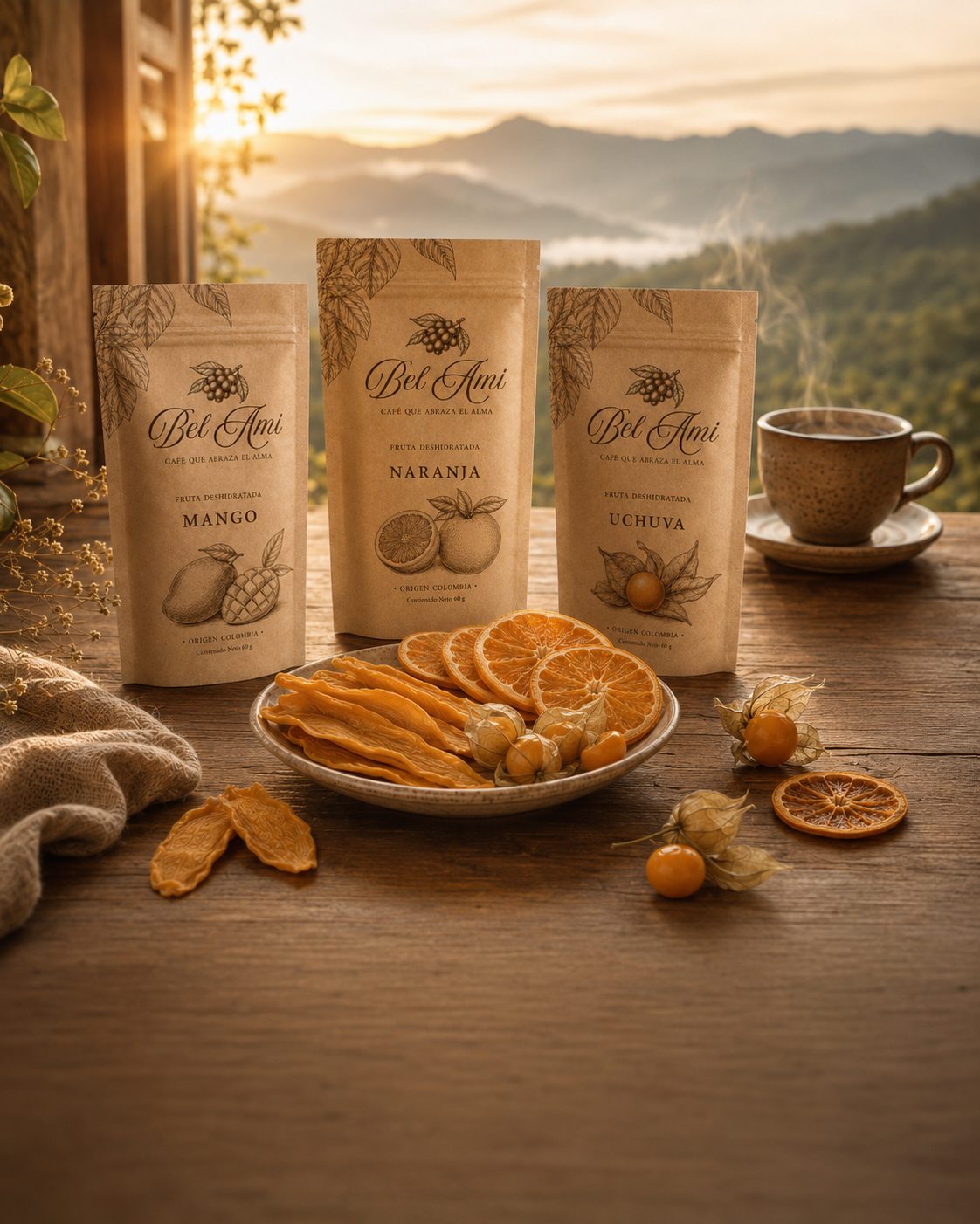Fruta deshidratada Bel Ami: empaques de mango, naranja y uchuva junto a una taza de café frente a las montañas al amanecer